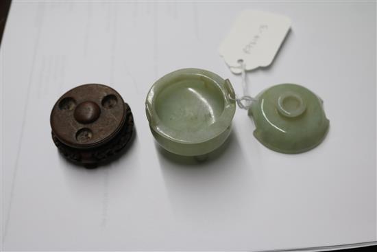 A Chinese jadeite miniature censer and cover, wood stand